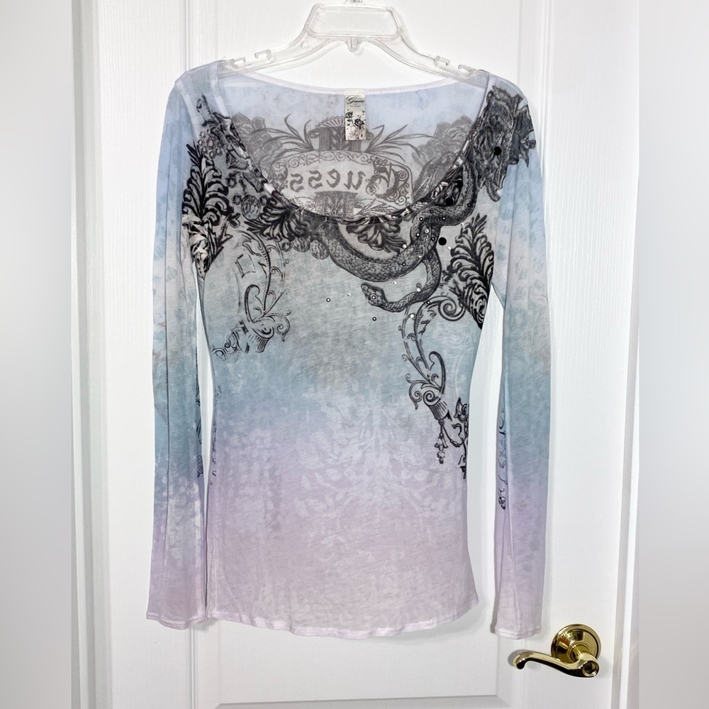 Y2K Guess USA Made Crystal Ombre Tattoo Long Sleeve Semi Sheer Top Purple Blue M